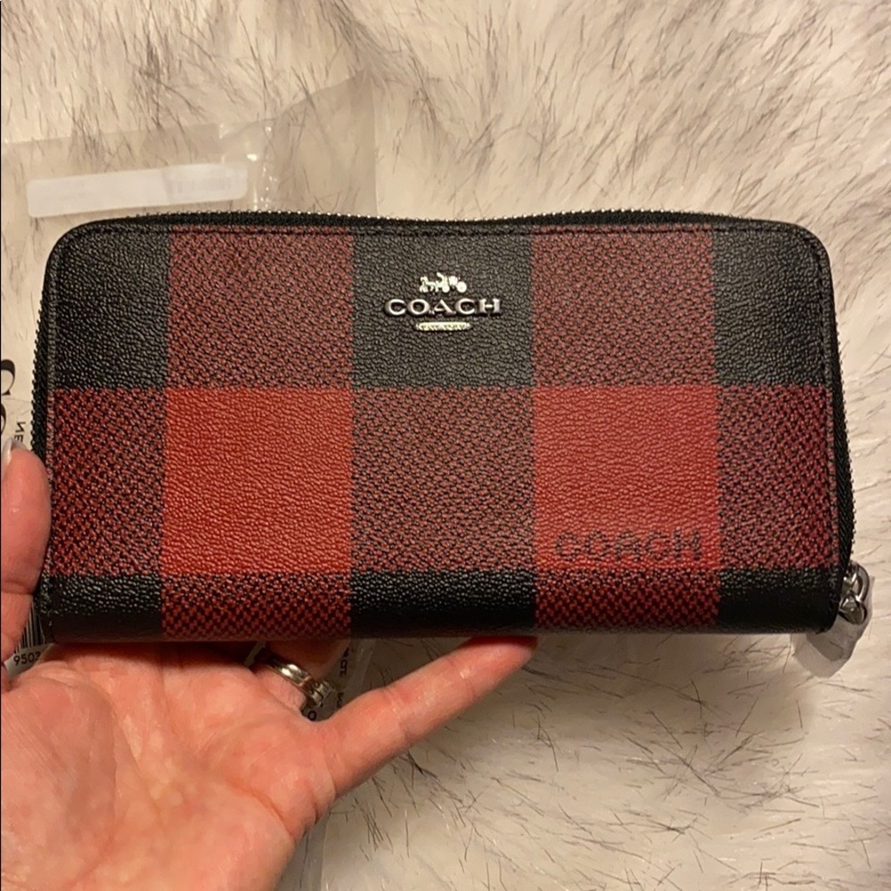 Coach Red black plaid wallet